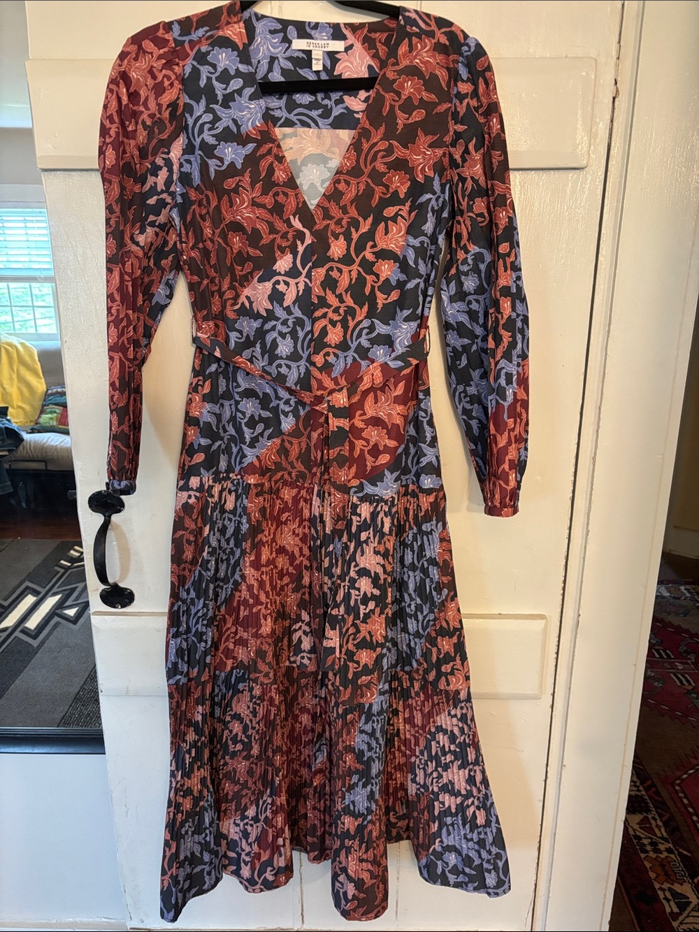 Derek Lam Floral Wrap Midi Dress in Black, Rust & Lavender